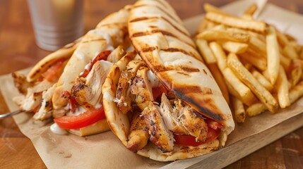 Classic chicken gyros served with fries