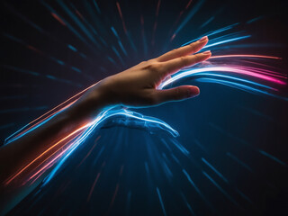 mobile holding female hand with speed light trail background, Futuristic and technology concept