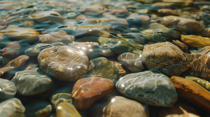 Sunlight filters through crystal-clear river pebbles underwater.
