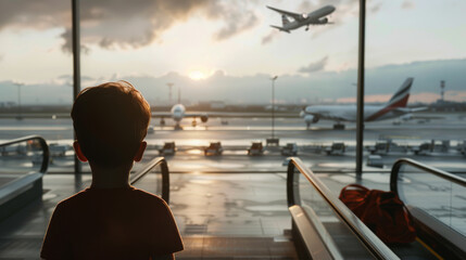 Fototapeta premium A young child gazes at planes on a runway during a vibrant sunset.