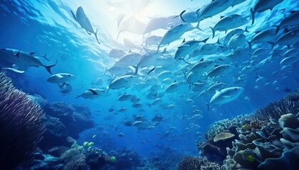 Naklejka premium Groups of giant Tuna fish in the underwater, coral reef, amazing underwater life, various fish and exotic coral reefs, ocean wild creatures background