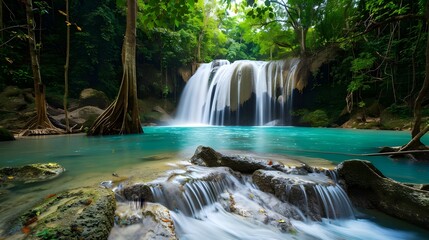 Serene Waterfall in Lush Green Landscape