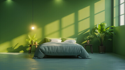 A modern bedroom with a bed positioned against a vibrant green wall, soft ambient lighting illuminating the space, clean lines and minimalist decor textures and shadows