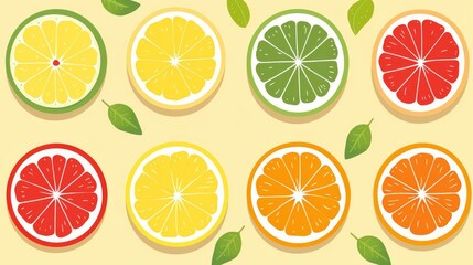Fototapeta premium A variety of citrus fruits are arranged in a circle. The fruits include lemons, limes, grapefruits, and oranges. The fruits are all cut in half and arranged in a circle.