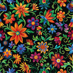 
A seamless pattern with colorful Mexican floral embroidery, their vibrant colors creating a lively contrast on the black background.