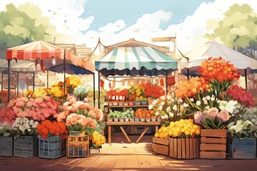 A vibrant and colorful flower market with an awning. There are many different types of flowers, including roses, tulips, and lilies. The market is bustling with activity. - obrazy, fototapety, plakaty