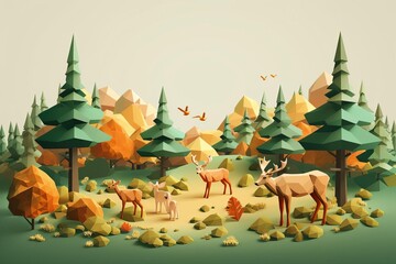 A beautiful low poly landscape with deer. - obrazy, fototapety, plakaty