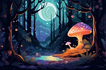 A mystical forest with a giant glowing mushroom. The moon is shining through the trees. There is a river in the foreground. - obrazy, fototapety, plakaty