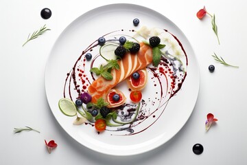 A beautiful plate of food with salmon, berries, and edible flowers. The food is arranged in a creative and artistic way. - obrazy, fototapety, plakaty