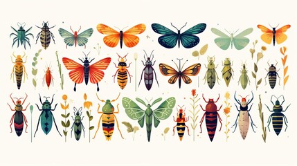 A beautiful and colorful illustration of various insects - obrazy, fototapety, plakaty