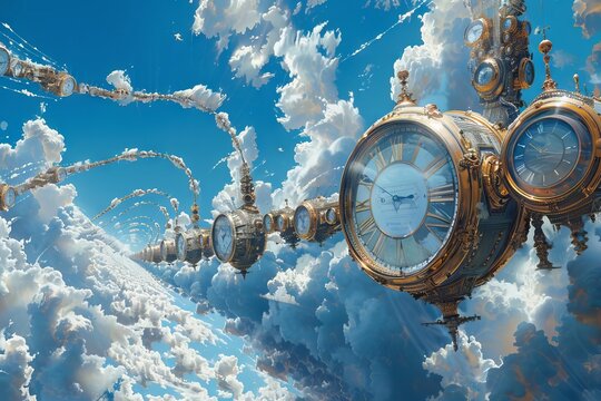 An allegorical image of a network of roads in the sky, paved with clouds and bordered by various types of clocks