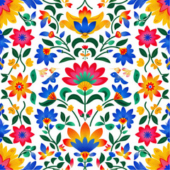 
simple seamless pattern, colorful folk art floral patterns with hearts and flowers, seamless border design, bright colors, white background