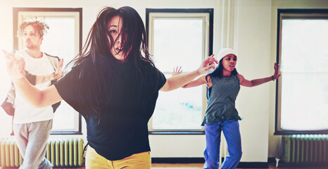 Breakdance, hip hop and group in studio with culture or rehearsal with style for rhythm with...
