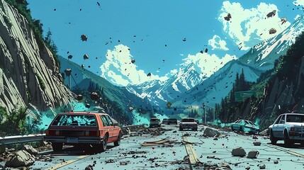 A car crash scene with a mountain in the background