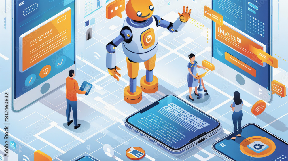 Poster the image depicts a futuristic concept with a friendly robot interacting with humans amongst digital