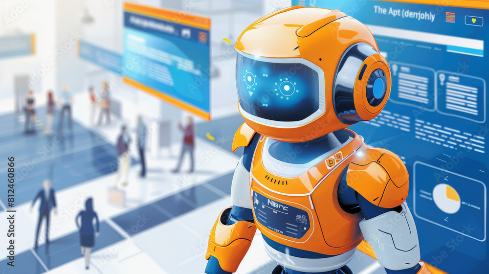 Poster futuristic robot with a screen on its face standing at an airport with travelers in the background a