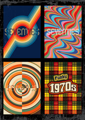 1970s Background Set. Groovy Posters from the Seventien. 70s Colors and Shapes. Psychedelic Waves, Color Lines, Mosaic Circles, Plaid Tissue Background