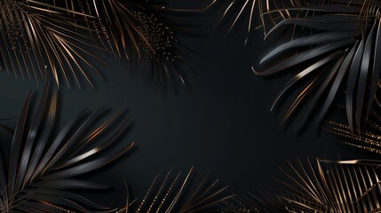 Fototapeta premium A palm tree with a black background featuring gold lines and leaves, website background, design template