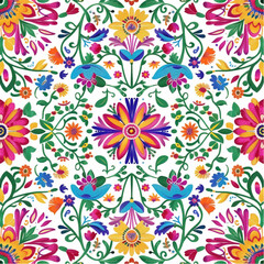 A seamless pattern of traditional Mexican embroidery with colorful flowers and leaves in a vibrant color palette on a white background in the style of traditional folk art