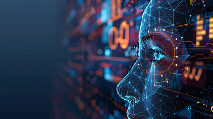 Digital representation of a human head profile with overlayed circuitry and data elements, symbolizing artificial intelligence and advanced computing technology against a dark background.