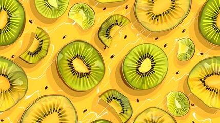 Fototapeta premium Vibrant Kiwi Slices on Yellow Background: Seamless Pattern Illustration