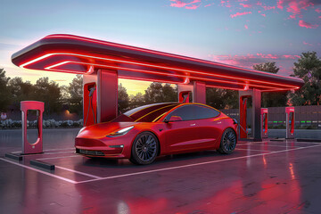 An electric car on a charging station at sunset. As the day turns into dusk, an electric car connects to the charging station, ready for the night ahead.