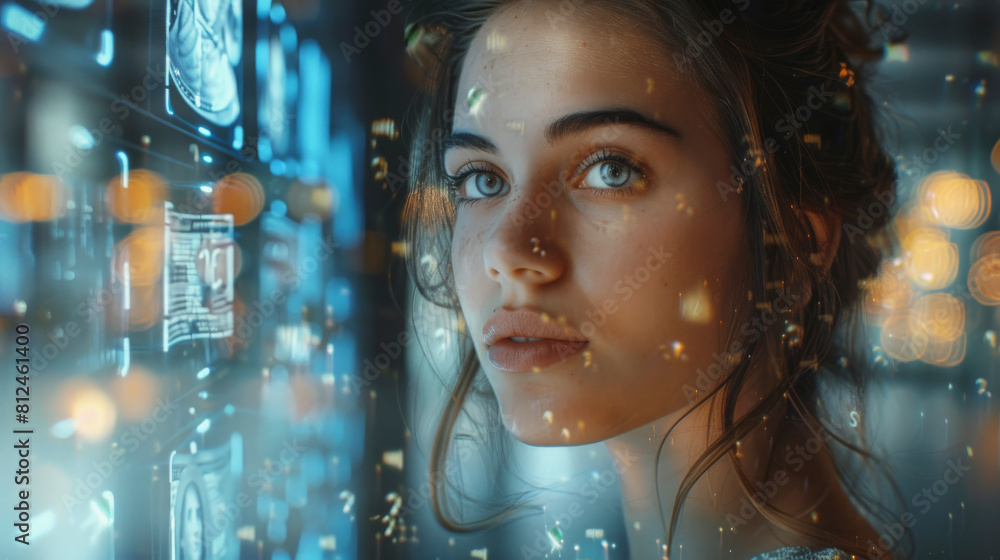 Poster a woman gazes thoughtfully through a window with illuminated data screens and floating golden partic