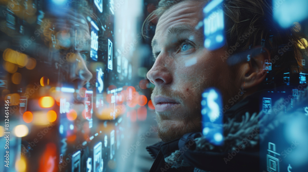 Poster a person intently observing a futuristic interface with glowing digital graphics overlaying a window