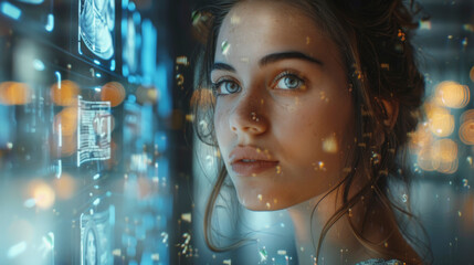 A woman gazes thoughtfully through a window with illuminated data screens and floating golden particles, suggesting a futuristic or high-tech environment.