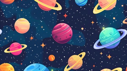 Seamless Starry Night with Vibrant Planets – Cosmic Pattern Illustration