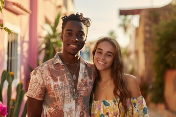 Naklejka premium A man and a woman are smiling for the camera in front of a pink building. The man is wearing a shirt with a flower design on it