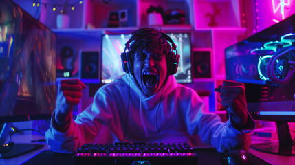 Emotional gamer for computer games and game consoles sat in front of the screen. Player with stormy emotions. Neon colors. Young man screaming in euphoria