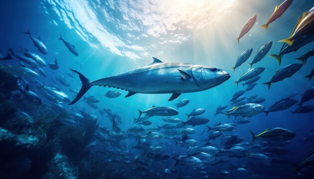 Groups of giant Tuna fish in the underwater, coral reef, amazing underwater life, various fish and exotic coral reefs, ocean wild creatures background