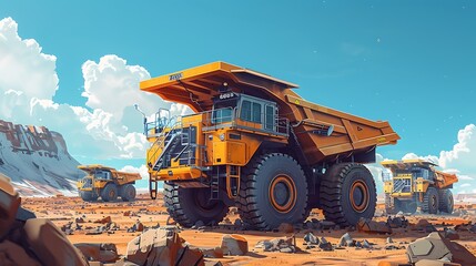 A large yellow dump truck is driving through a desert