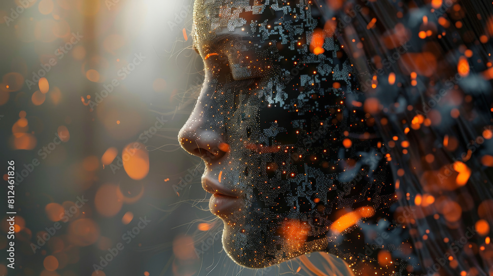 Poster digital representation of a human face using blue particle mesh in a 3d space, symbolizing concepts 