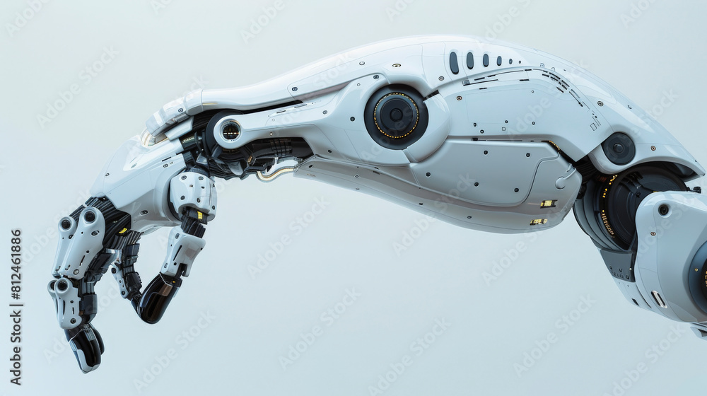 Poster a futuristic robotic arm with intricate joints and detailed mechanical design against a minimalist b