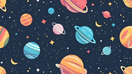 Seamless Starry Night with Vibrant Planets – Cosmic Pattern Illustration