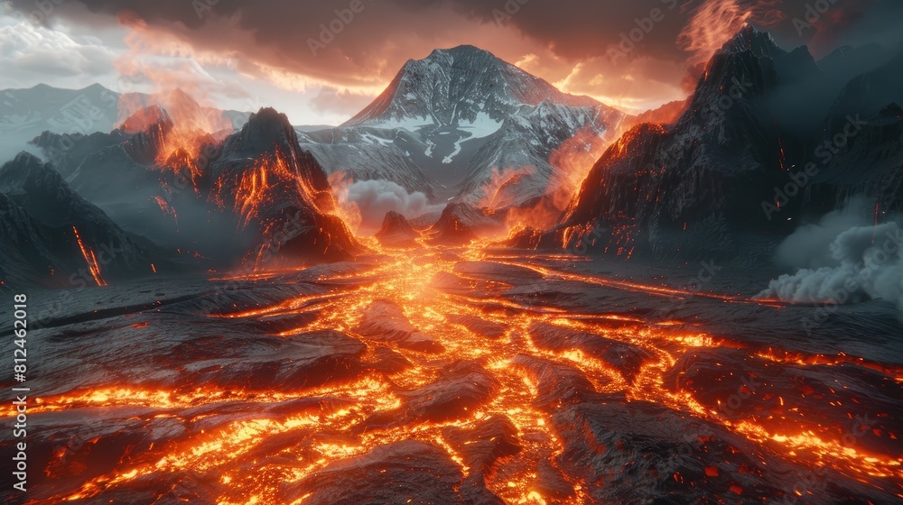 Poster a fiery landscape with a volcano in the background. the lava is flowing down the side of the mountai