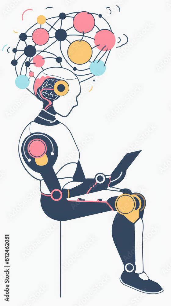 Poster illustration of a robot with a human shape, sitting and using a laptop, depicting artificial intelli