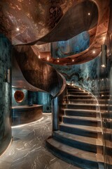 Ascend atriums grand staircase with velvet walls and verdigris details