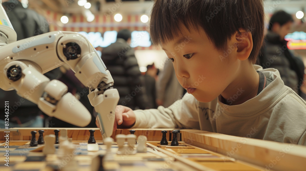 Aufkleber a young child intently observes a robotic arm making a move on a chessboard, symbolizing the interse