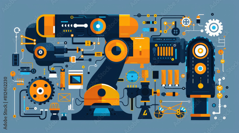 Poster the image shows a stylized representation of a robotic arm with various mechanical components, gears