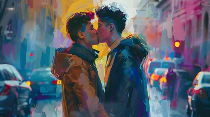 Two Men Embracing Love on City Street - Vibrant Illustration of Affection and Happiness