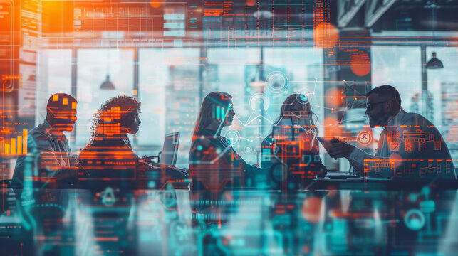 Team of professionals working together in a high-tech office environment overlaid with futuristic digital graphics symbolizing data and connectivity.
