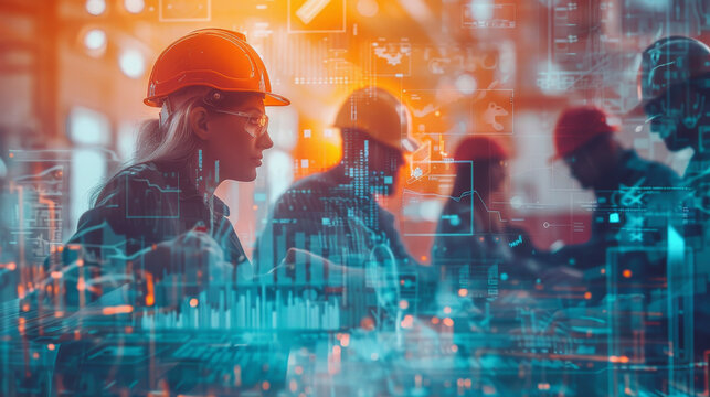 The image depicts workers in hard hats with a digital overlay, symbolizing a fusion of construction, industry, and advanced technology in a futuristic setting.