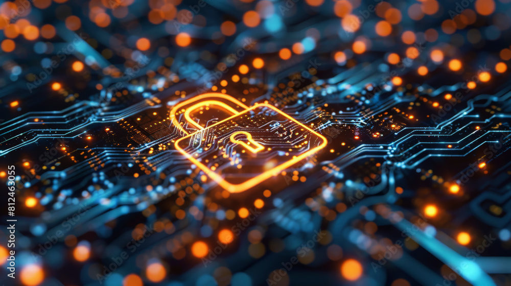 Poster a glowing padlock icon symbolizing cybersecurity on an intricate circuit board, illustrating the con