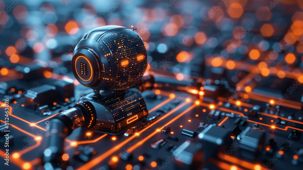 Poster a futuristic robotic head with illuminated circuitry standing on an electronic circuit board, symbol