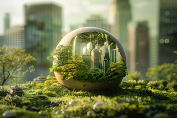 A city is shown in a glass sphere with trees and grass growing on top