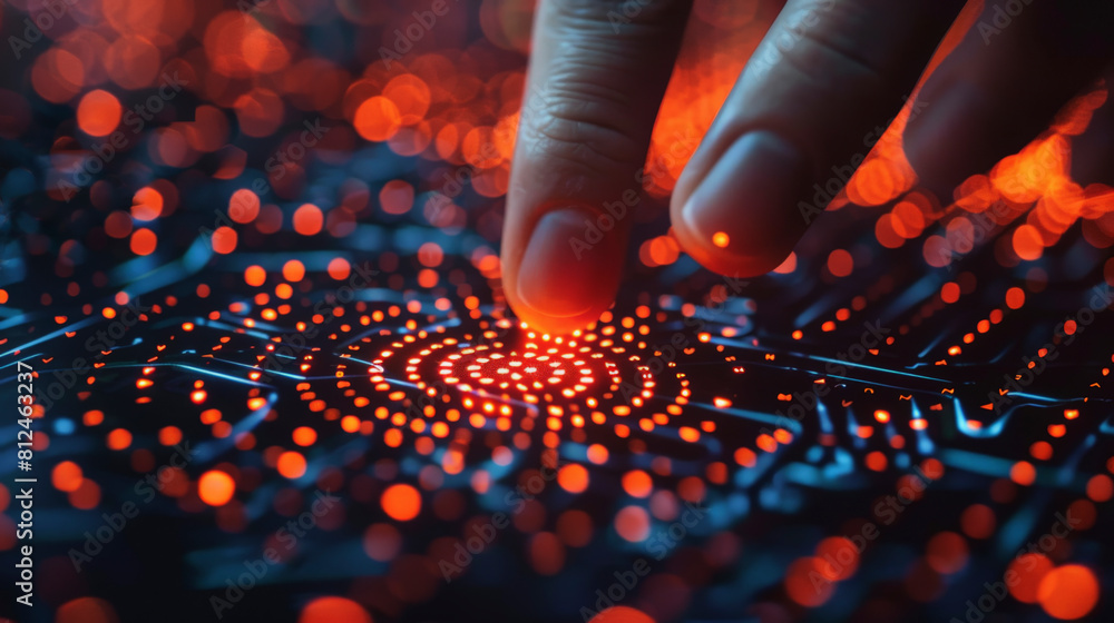 Poster a finger touching a glowing digital interface with pulsating red lights representing a futuristic bi