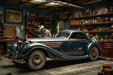 Old vintage car in the garage. Retro car as an exhibit for collectors. The perfect blend of nostalgia and craftsmanship.